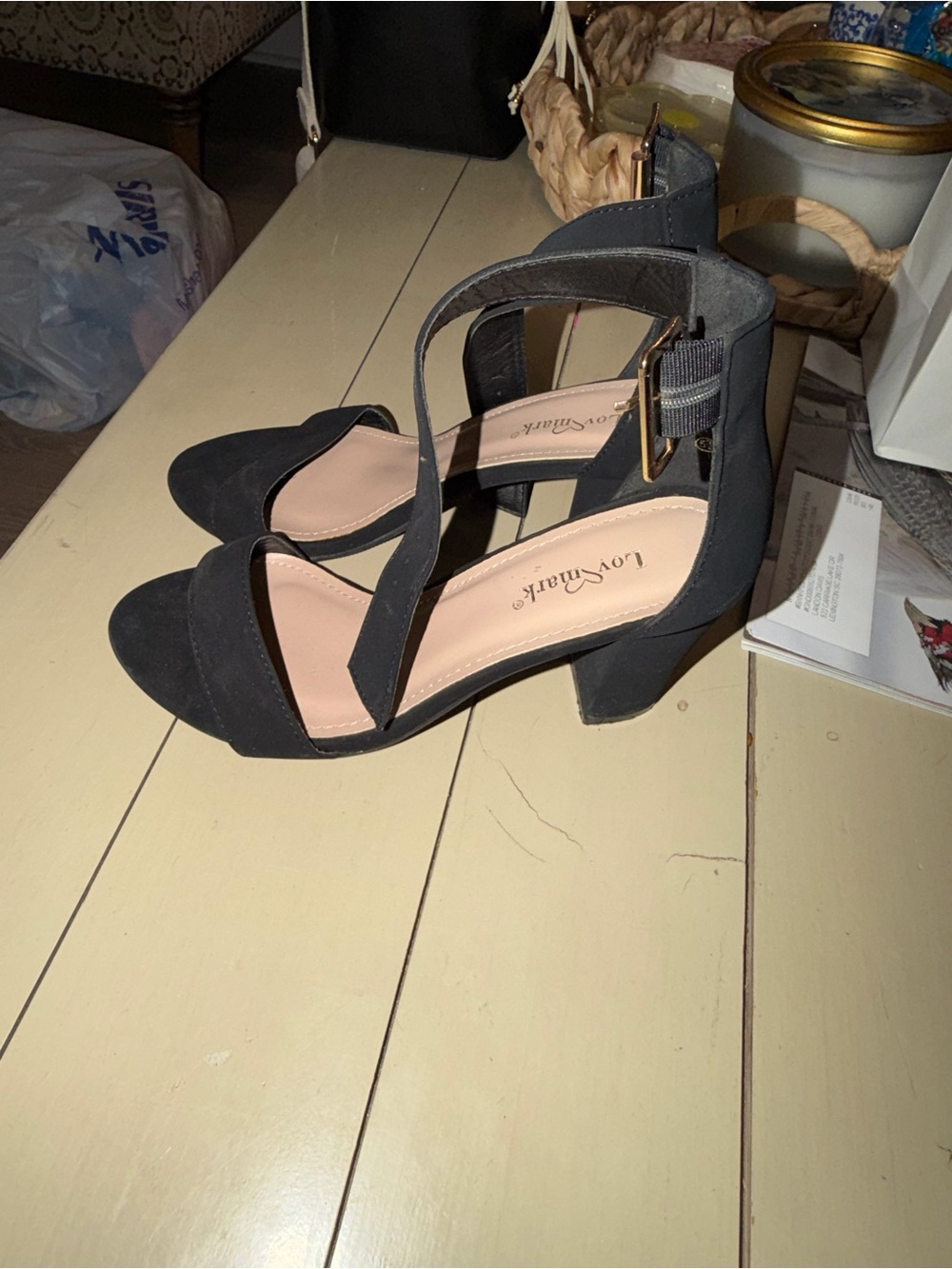 Black Suede Open-Toe Ankle Strap Block Heels